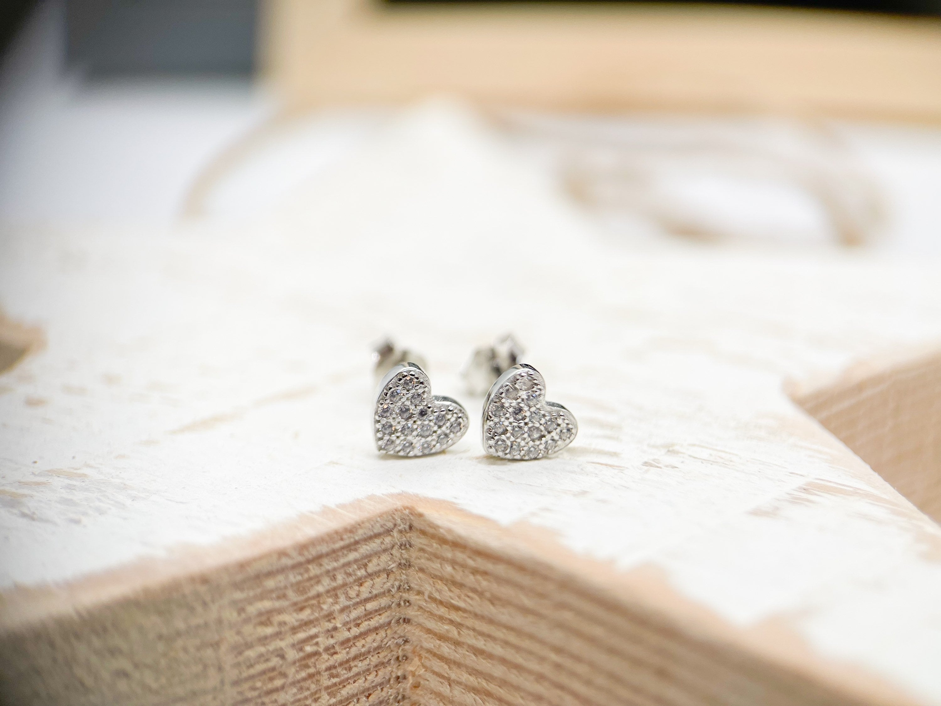Sterling Silver Heart Stud Earrings, Cubic Zirconia