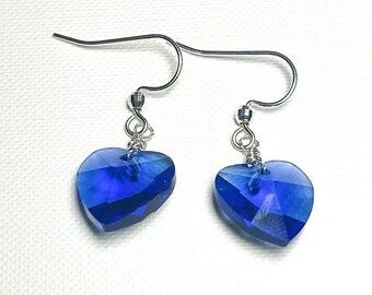 Blue heart Earrings,Austria Crystal Earrings, Sterling Silver Wire Wrapped Jewelry, Gift for her