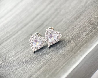 Clear Sparkly heart Earrings, sterling silver plated,  April Birthstone, anniversary gift, heart studs, gift for her