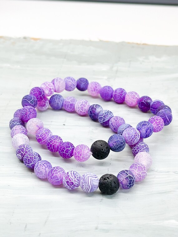 Amethyst Black Lava Stone Beaded Bracelet, Set of Two, Crackle 