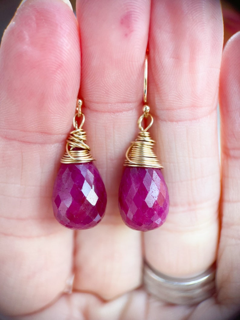 14k gold ruby drop earrings, handmade wire wrap briolette teardrop rubies, artisan jewelry, handmade jewelry, july birthstone, image 5