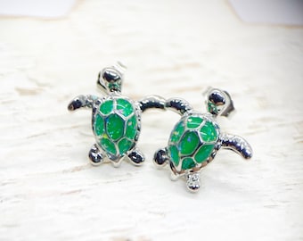 Green Opal Turtle Earrings, White Gold Plated, Ethically Sourced Created Fire Opal, Animal Lover Gift, Push Back Earrings, Christmas Gift