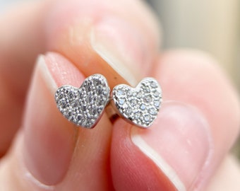 Sterling Silver Heart Stud Earrings, Cubic Zirconia