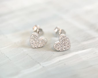 sterling silver Heart Stud Earrings, Cubic Zirconia, Valentines Day Gift, Jewelry for her, Love hearts, sparkly hearts