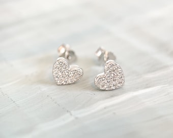 sterling silver Heart Stud Earrings, Cubic Zirconia, Valentines Day Gift, Jewelry for her, Love hearts, sparkly hearts