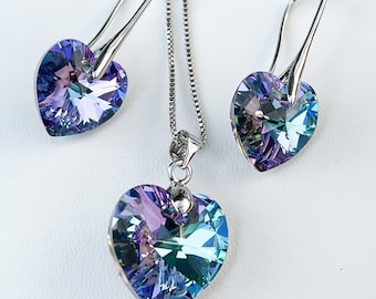 Blue Purple Swarovski Crystal Heart Jewelry Set, Swarovski Heart Drop Earrings, Crystal Pendant, Gift for her