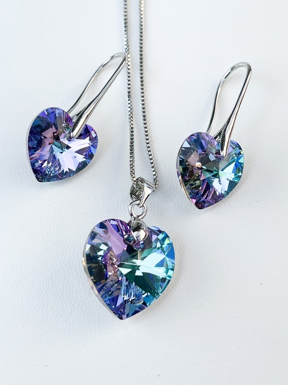 Purple Drop Earrings Made with Swarovski(R) Crystals and Pearls Heart Charm Drop Purple Drop Earrings Made with Swarovski(R) Crystals and Pearls Heart Charm Drop