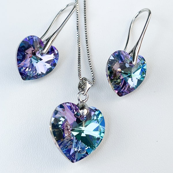 Blue Purple Swarovski Crystal Heart Jewelry Set, Swarovski Heart Drop Earrings, Crystal Pendant, Gift for her