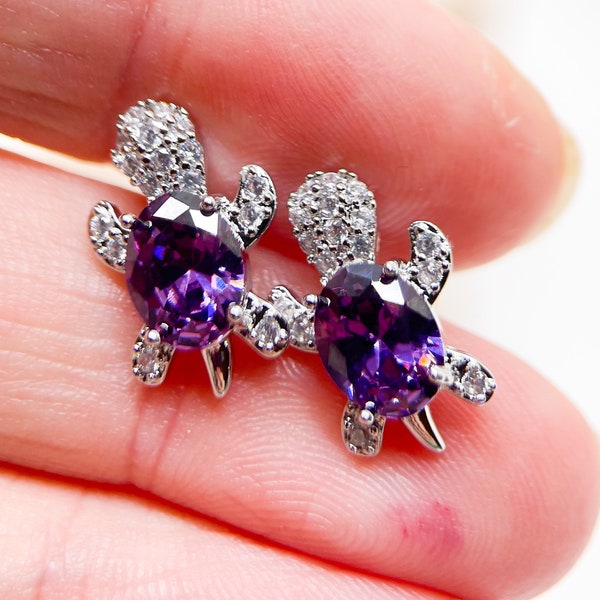 Amethyst Turtle Earrings, zircon crystal, gift for Turtle lover, Sparkly Turtle Jewelry, February birthstone