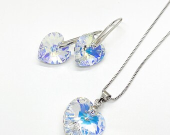 Clear Swarovski Crystal Heart Jewelry Set, Swarovski Heart Drop Earrings, Crystal Pendant, Gift for her