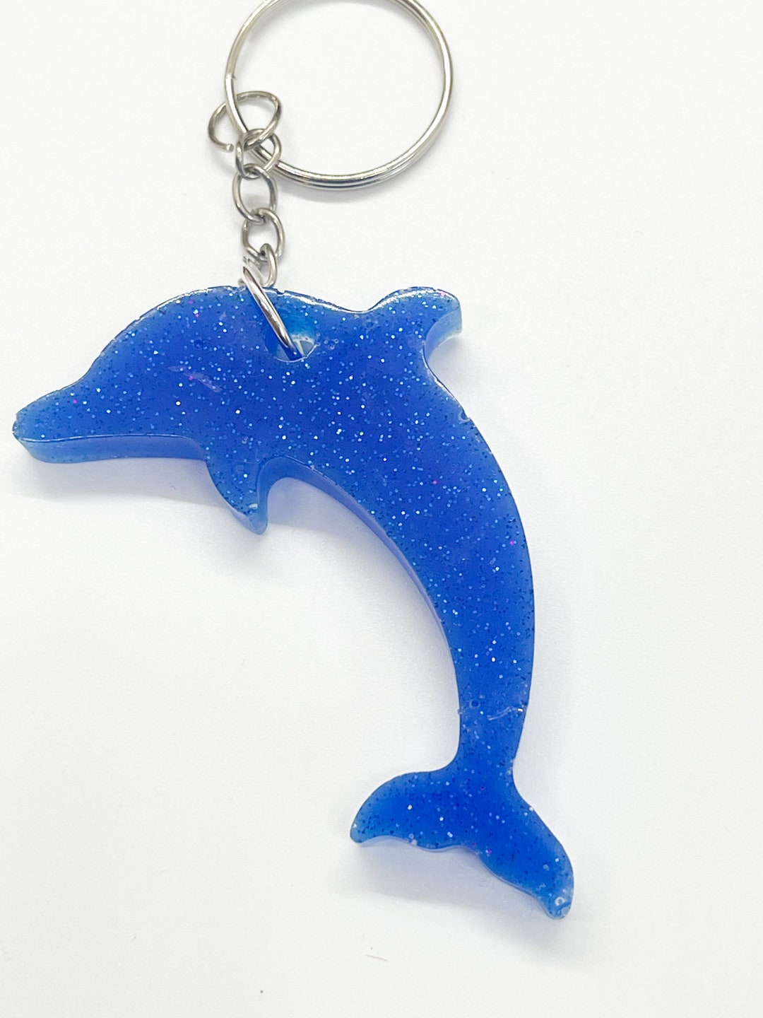 Sparkly Blue Dolphin Charm, Dolphin Shape Keychain, Fish Key Ring