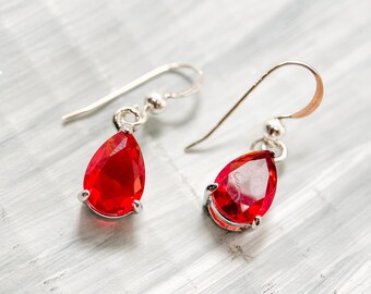 Ruby tear drop earrings, faceted lab made Ruby gemstone, statement earrings, handmade jewelry, July Birthstone, Christmas gift, for her