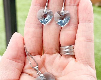 Ice Blue Swarovski Crystal Heart Jewelry Set, Swarovski Heart Drop