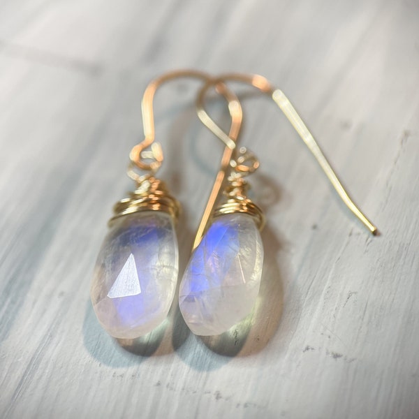 Natural moonstone drop earrings, handmade wire-wrapped jewelry, gift for wife, faceted pear shape, June birthstone, blue flash moonstone