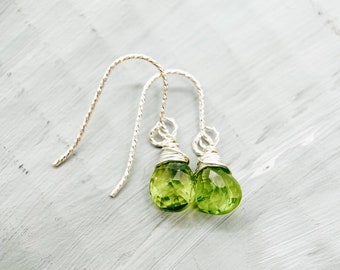 Peridot drop earrings, handmade wire wrapping in sterling silver, august birthstone, gift for wife, gift for mom, jewelry for wife