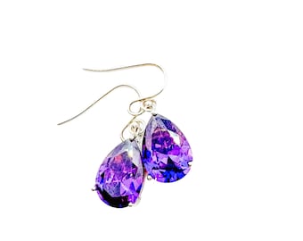 Amethyst tear drop earrings, faceted lab made, purple gemstone, statement earrings, handmade jewelry, February Birthstone, Christmas gift