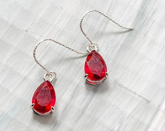 Ruby Tear Drop Earrings, Faceted Lab Made Ruby Gemstone, Statement Earrings, HandCrafted Jewelry, July Birthstone, Gift for Her, Ethical Gem