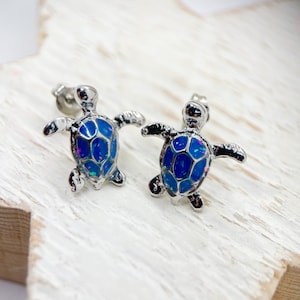 Blue Opal Turtle earrings, White gold plated, Ethically Sourced created Opal, Turtle Lover gift, Valentines gift, gift for her
