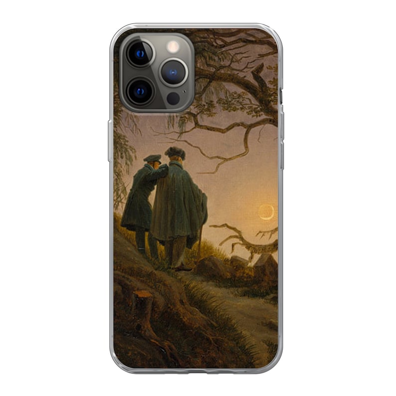 May include: Two figures in dark coats walk along a path in a forest. The sky is a pale blue with a crescent moon. The trees are bare and the ground is covered in brown leaves.