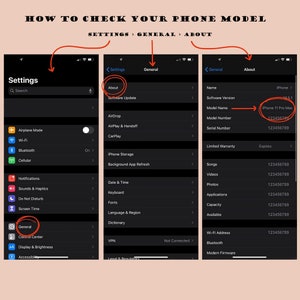 Pode incluir: Um guia em um fundo bege mostra como verificar o modelo do telefone. O texto diz "HOW TO CHECK YOUR PHONE MODEL" e "SETTINGS > GENERAL > ABOUT". Capturas de tela das configura&ccedil;&otilde;es do telefone mostram a se&ccedil;&atilde;o "Sobre" para encontrar o modelo.
