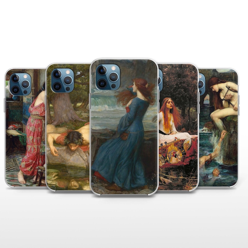 Puede incluir: Conjunto de cinco fundas transparentes para tel&eacute;fono con diferentes im&aacute;genes de pinturas que representan mujeres en diversos entornos. Las pinturas son de un estilo que recuerda al movimiento prerrafalita.