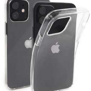 May include: A clear phone case with a black iPhone 12 Pro Max inside. The case is made of a flexible, transparent material and has a raised lip around the screen and camera to protect it from scratches.