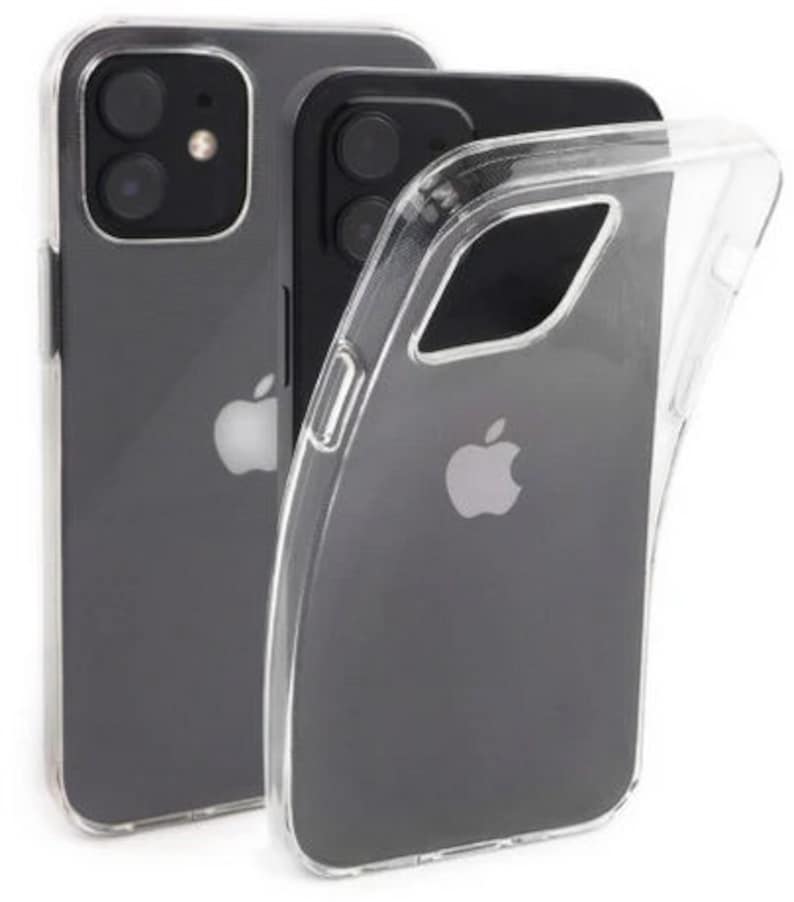 May include: A clear phone case with a black iPhone 12 Pro Max inside. The case is made of a flexible, transparent material and has a raised lip around the screen and camera to protect it from scratches.