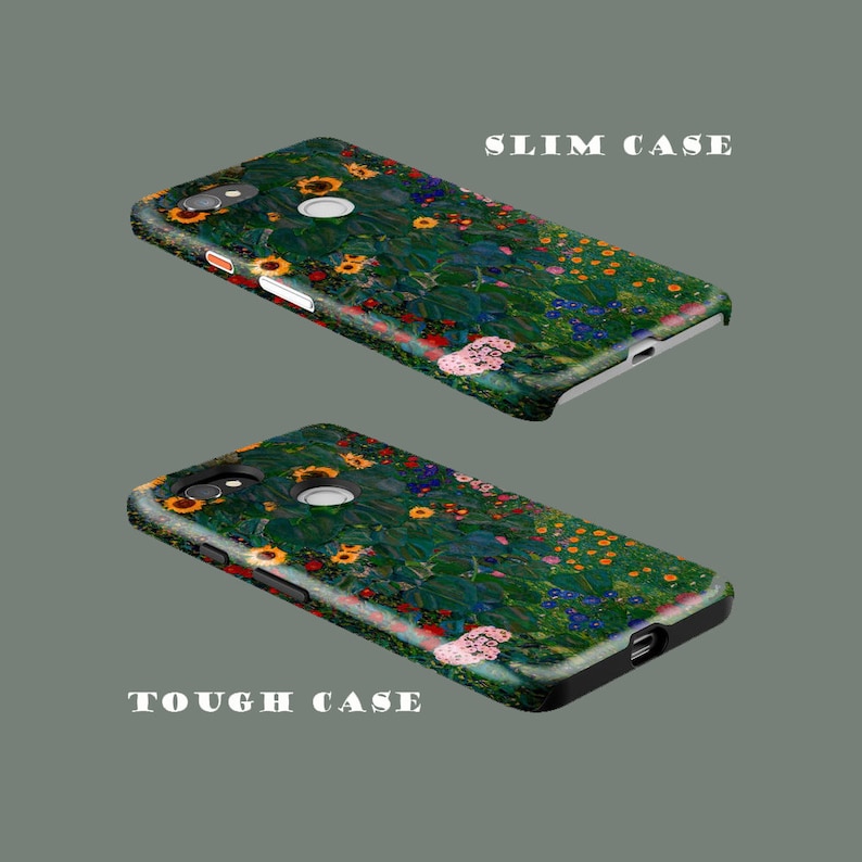 Puede incluir: Dos fundas para tel&eacute;fono con un dise&ntilde;o floral en tonos verdes, amarillos, rojos y azules. Una funda est&aacute; etiquetada como "SLIM CASE" y la otra como "TOUGH CASE". Las fundas tienen un acabado brillante y se muestran en &aacute;ngulo.