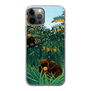 May include: A clear phone case with a painting of a jungle scene featuring two monkeys and a tree with orange fruit. The case has a cutout for the phone's camera.