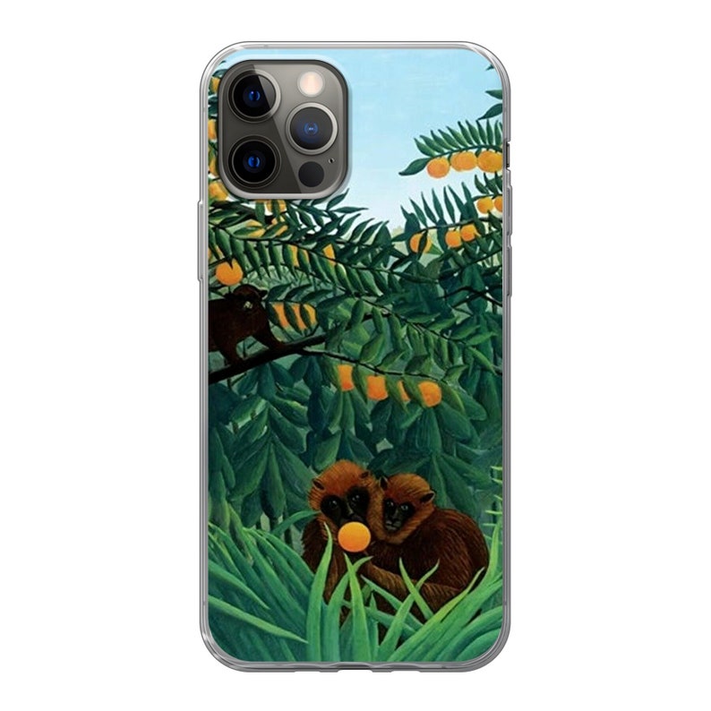 May include: A clear phone case with a painting of a jungle scene featuring two monkeys and a tree with orange fruit. The case has a cutout for the phone's camera.