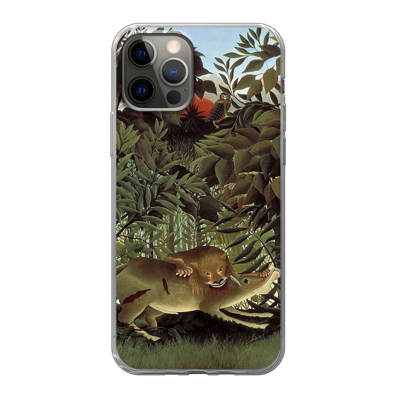 May include: A painting of a lion attacking a wild boar in a jungle setting. The lion is biting the boar's neck, and there is blood on the boar's body. The background is a lush green jungle with trees and leaves.