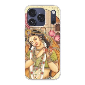 May include: A clear phone case with an Indian artwork depicting a woman in traditional dress. The image shows a woman with jewellery, holding a lotus flower. The colour scheme includes gold, green, and pink tones, with fine details throughout the design.