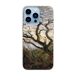 May include: A phone case with a painting of a bare tree with crows perched on its branches. The background is a hazy sky with a hint of orange.