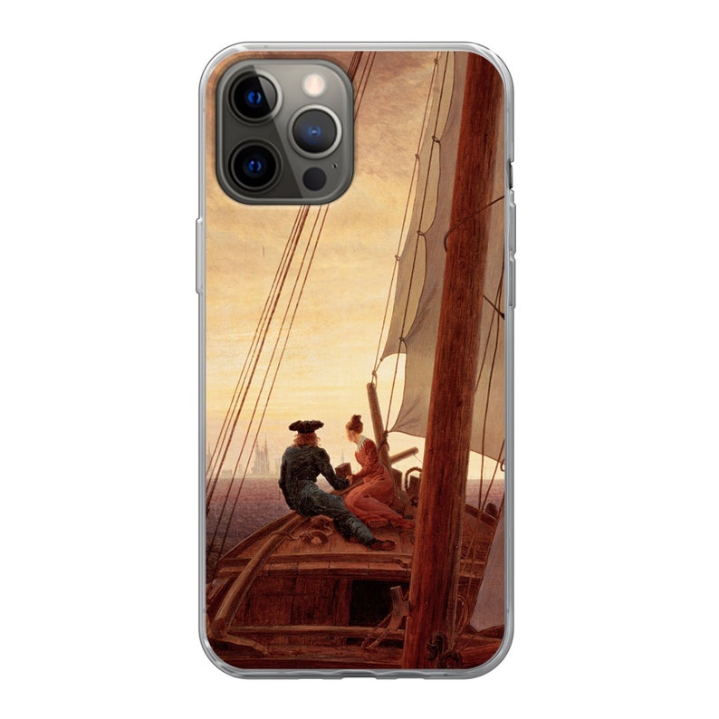 May include: A painting of a couple sitting on a boat, looking out at a distant city skyline. The boat is wooden and has a sail. The sky is a warm orange color, and the water is a deep blue.