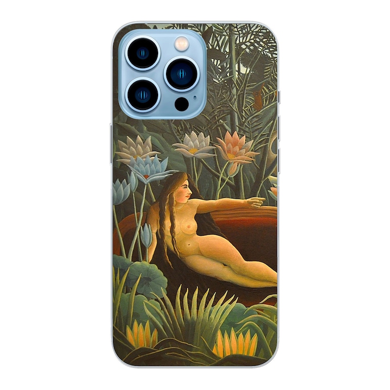 May include: A phone case featuring a painting of a woman reclining in a lush tropical setting. The woman is nude and surrounded by vibrant green foliage and colorful flowers. The painting is in a style reminiscent of Henri Rousseau.