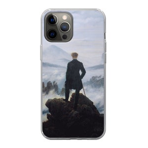 May include: A clear phone case with a painting of a man standing on a mountaintop overlooking a sea of clouds. The painting is in a muted color palette of grays, blues, and greens.