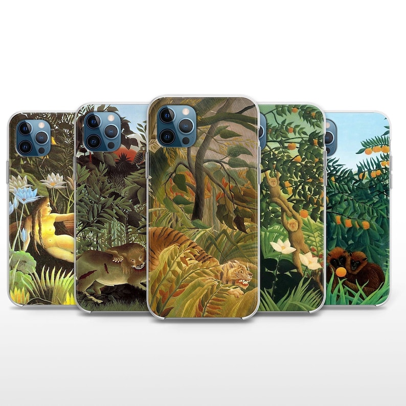 May include: Four different iPhone cases featuring a jungle scene with tigers, monkeys, and a woman in a tropical setting. The cases are clear and show the artwork through the plastic.
