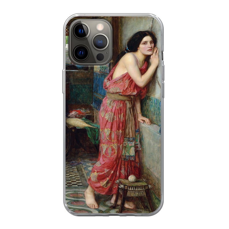 Puede incluir: Una pintura de una mujer con un vestido rojo y dorado, de pie en una habitaci&oacute;n con un suelo de baldosas. Est&aacute; mirando por encima del hombro y sosteniendo un objeto peque&ntilde;o en su mano.