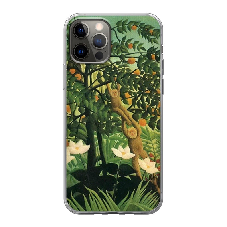May include: A clear phone case with a colorful painting of a jungle scene. The painting features two monkeys climbing a tree with green leaves and orange fruit. White flowers are also visible in the painting.