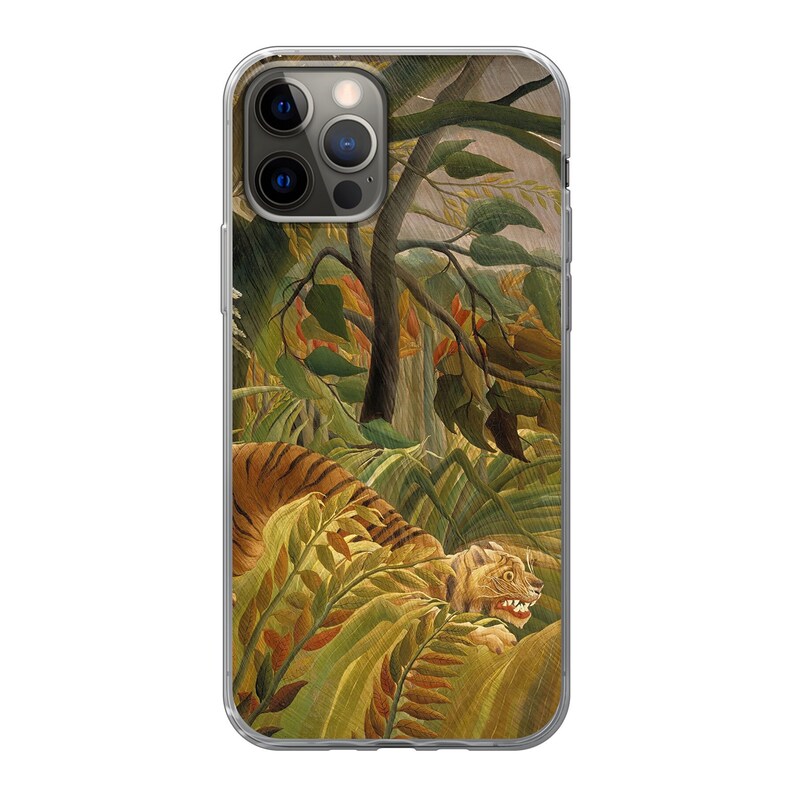 May include: A clear phone case with a colorful image of a tiger in a jungle setting. The tiger is partially hidden in the foliage, with only its head and part of its body visible. The background is a lush green jungle with a large tree trunk in the center.