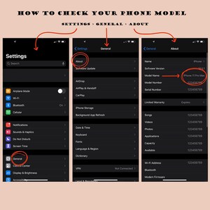 Puede incluir: Una gu&iacute;a sobre un fondo beige muestra c&oacute;mo verificar el modelo del tel&eacute;fono. El texto dice "HOW TO CHECK YOUR PHONE MODEL" y "SETTINGS > GENERAL > ABOUT". Se muestran capturas de pantalla de la configuraci&oacute;n del tel&eacute;fono, resaltando la secci&oacute;n "Acerca de" para encontrar el modelo.