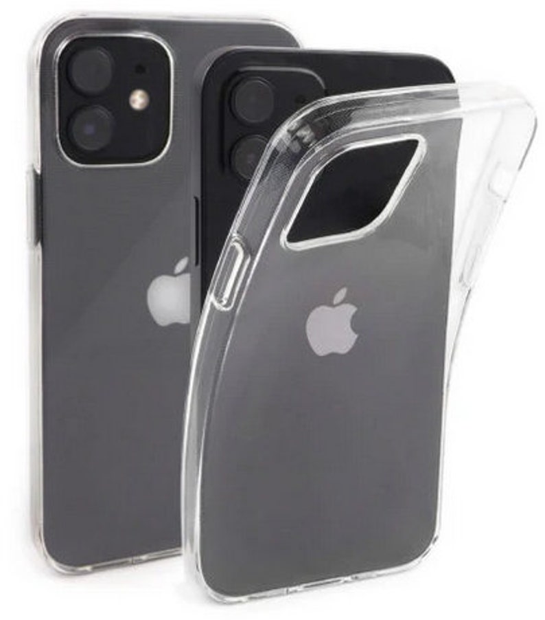 Pode incluir: Capa de telefone transparente projetada para um smartphone. A capa &eacute; feita de um material flex&iacute;vel e &eacute; mostrada em um smartphone preto. O logotipo da Apple &eacute; vis&iacute;vel no telefone e na capa.