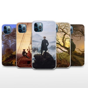 May include: Five different phone cases featuring famous paintings. The cases are all clear and show the paintings through the case. The paintings are all different styles and depict different scenes.