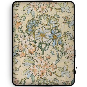 May include: A laptop sleeve with a floral pattern featuring blue, green, and pink flowers on a cream background.