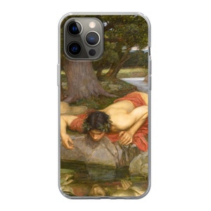 Puede incluir: Una pintura de un hombre con una t&uacute;nica roja mirando un charco de agua. El hombre est&aacute; rodeado de vegetaci&oacute;n verde y un tronco de &aacute;rbol.