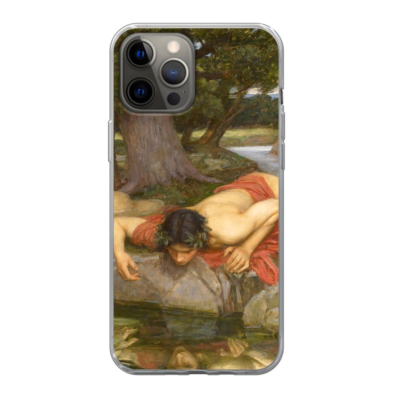 Puede incluir: Una pintura de un hombre con una t&uacute;nica roja mirando un charco de agua. El hombre est&aacute; rodeado de vegetaci&oacute;n verde y un tronco de &aacute;rbol.
