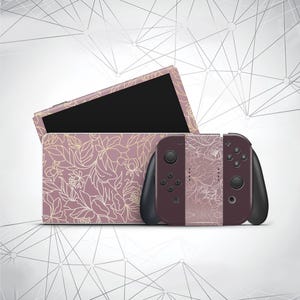 Diseño de hoja de oro rosa para Nintendo Switch, calcomanía rosa para Nintendo Switch OLED, consola portátil, Joy-Con y base con flores, vinilo premium envolvente