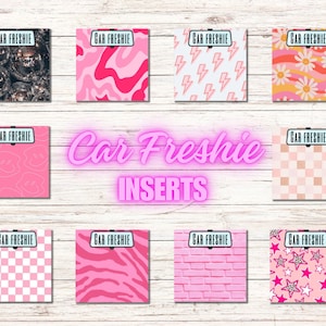 May include: Nine different car air freshener inserts with various patterns. The patterns include pink and white checkered, pink and white stars, pink and white zebra stripes, pink and white brick, pink and white lightning bolts, pink and white smiley faces, pink and white swirls, pink and white daisies, and black and white glitter.
