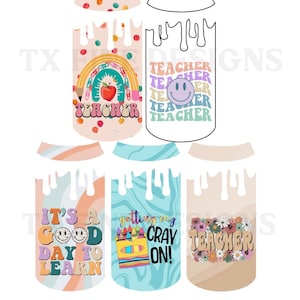 May include: Set of four colorful teacher-themed tumbler designs. The designs feature a rainbow with an apple, a smiley face, a box of crayons, and a floral pattern. The text on the tumblers includes "Teacher", "It's a good day to learn", "Getting my cray on!" and "Teacher".