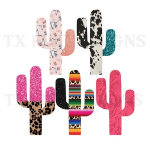 May include: Five different cactus designs with various patterns. The cactus designs include pink glitter, cow print, turquoise glitter, leopard print, and a colorful Mexican-style pattern.